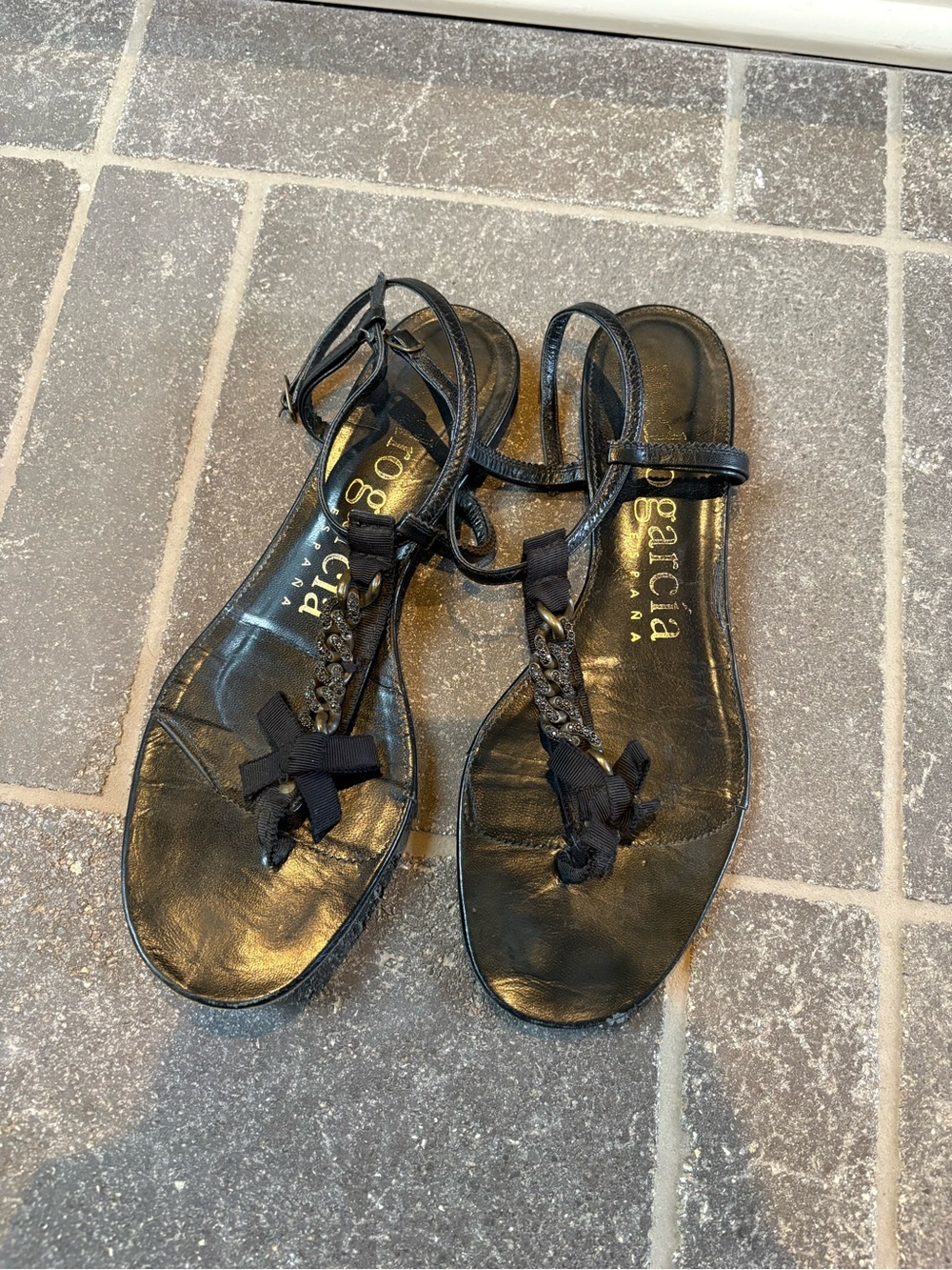 Pedro Garcia Black Leather T-Strap Sandals